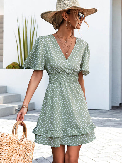 Vestido informal de verano para vacaciones, sexy, con escote en V, mangas abullonadas y cintura definida
