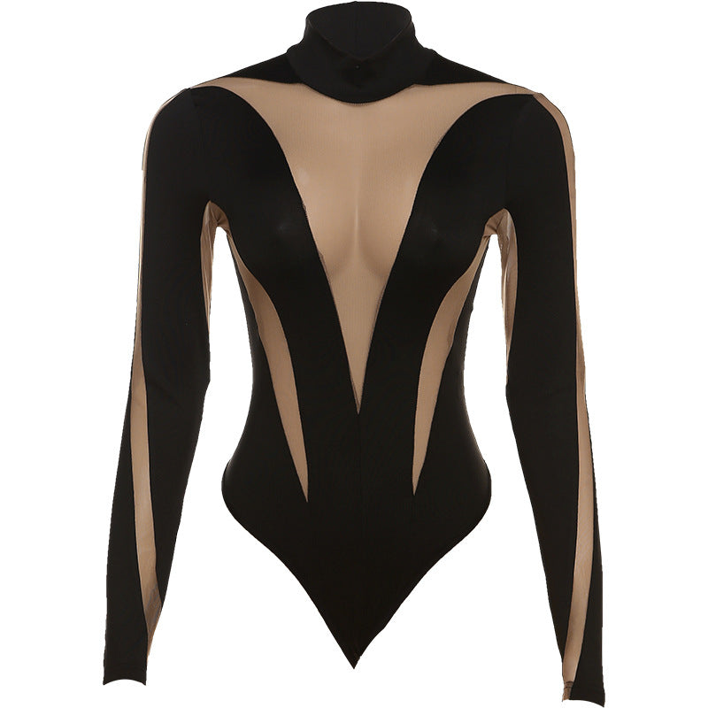 Summer Women Sexy Casual Mesh Stitching High Waist Long Sleeve Tight Bodysuit