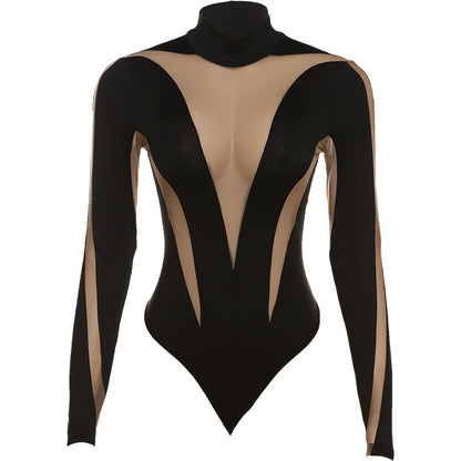Summer Women Sexy Casual Mesh Stitching High Waist Long Sleeve Tight Bodysuit