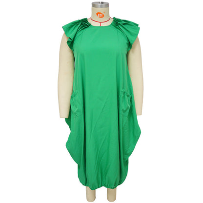 Vestido holgado informal de talla grande con mangas casquillo y volantes de color liso a la moda para mujer