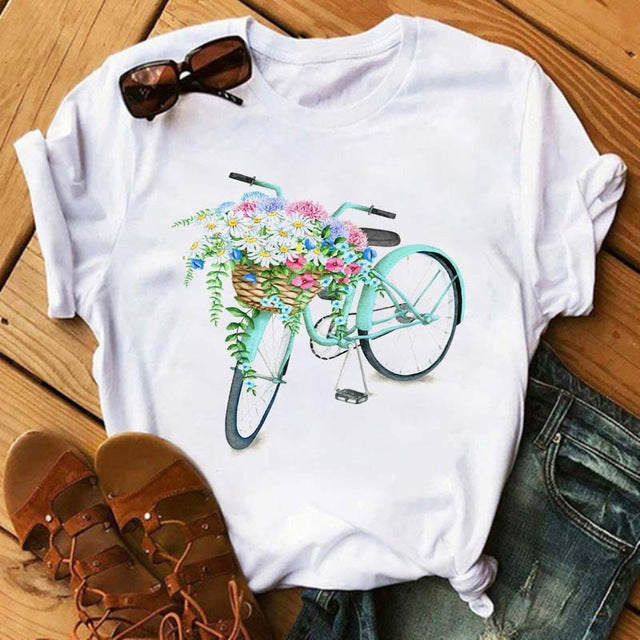 Camiseta holgada informal de manga corta con estampado de bicicleta para mujer