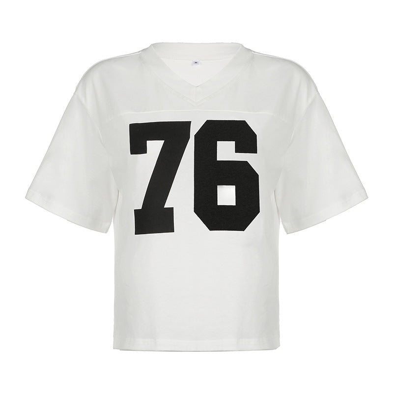 Camiseta de jersey de manga corta con cuello en V y estampado digital holgado informal para mujer