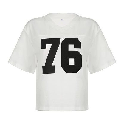 Camiseta de jersey de manga corta con cuello en V y estampado digital holgado informal para mujer