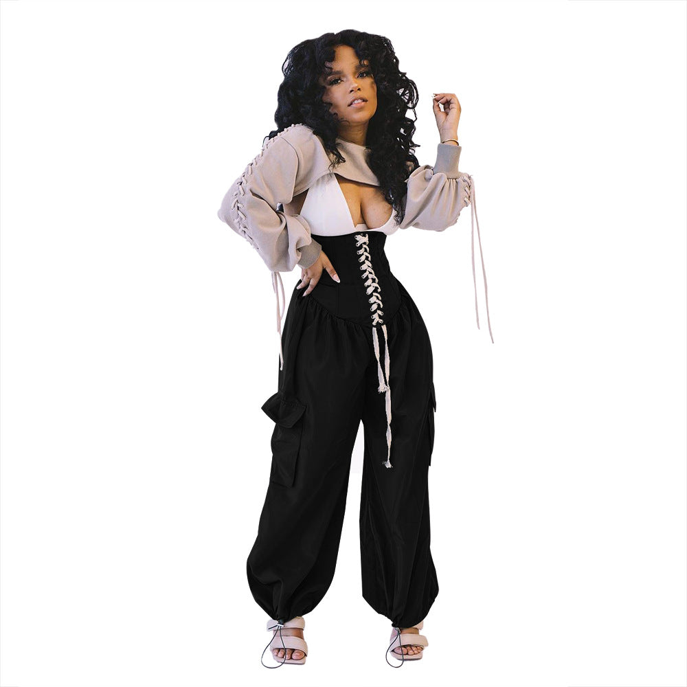 Women Casual Solid Color High Waist Lace Up Loose Pocket Wide Leg Jogger Pants