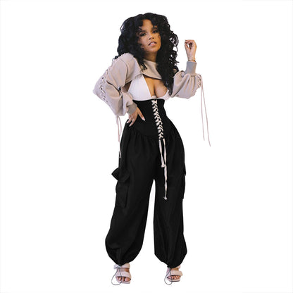 Women Casual Solid Color High Waist Lace Up Loose Pocket Wide Leg Jogger Pants