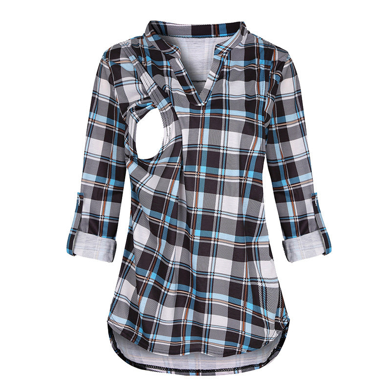 Pregnant Women Fashion Casual V-Neck Plaid Print Breastfeeding Long Sleeve Top