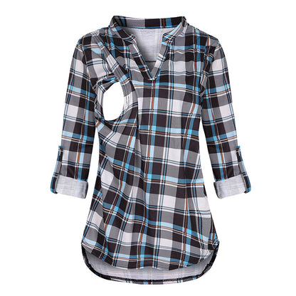 Pregnant Women Fashion Casual V-Neck Plaid Print Breastfeeding Long Sleeve Top