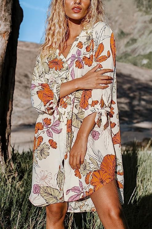 Bata de playa informal de manga larga con estampado floral y solapa para mujer