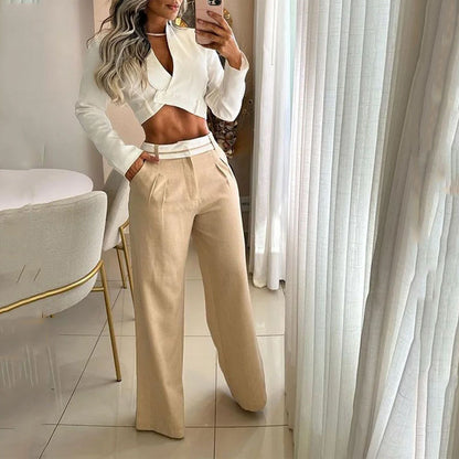 Conjunto de dos piezas informal de moda para mujer, con cuello en V, manga larga, top corto y pantalones anchos