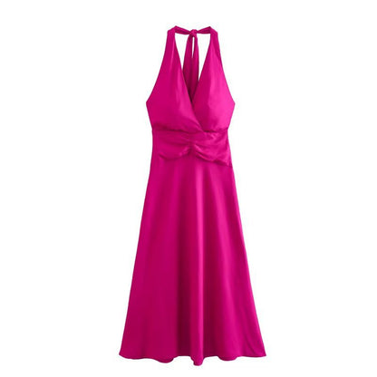Vestido largo informal elegante con cuello halter, espalda descubierta y color liso para mujer