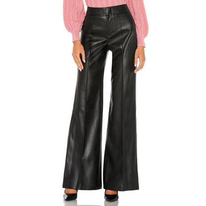 Women Pu Leather Casual High Waist Wide Leg Pants