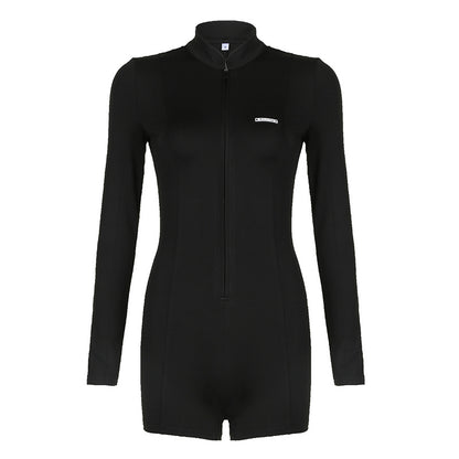 Women Simple Casual Sports Zipper Long Sleeve Rompers