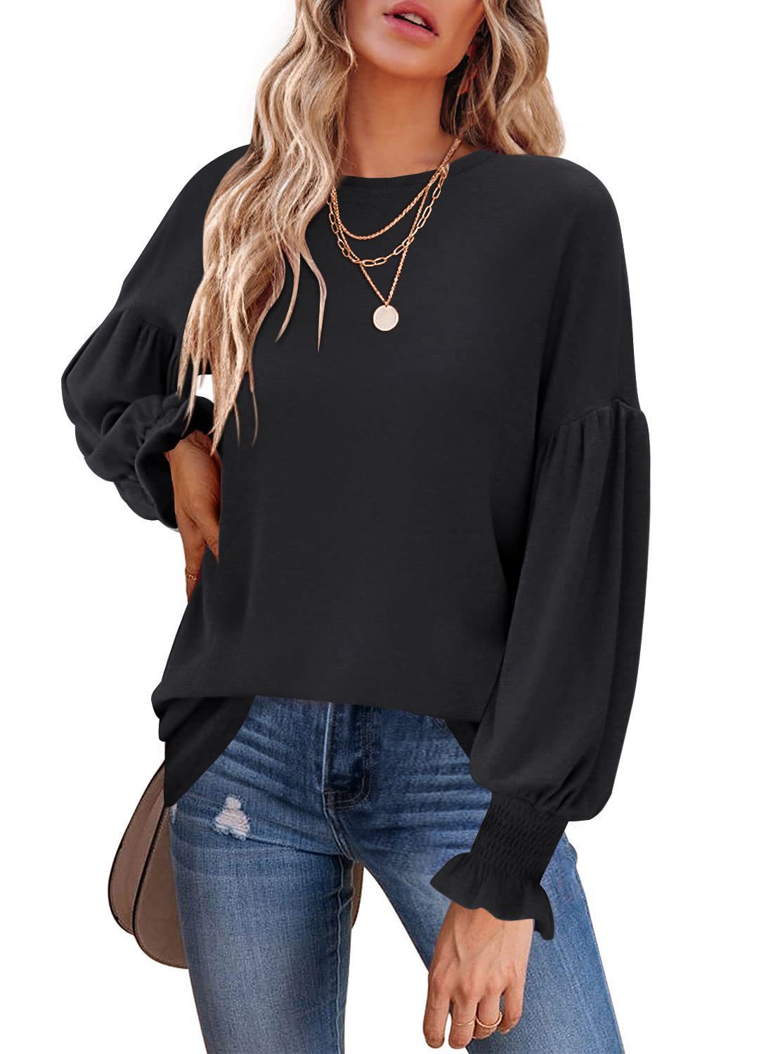 Camiseta informal de cuello redondo y mangas farol para mujer