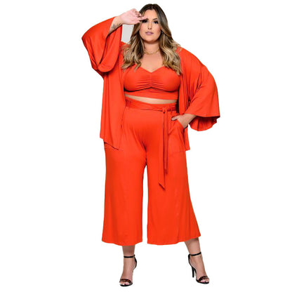 Conjunto de tres piezas de chaqueta y pantalón informal holgado de talla grande de color liso para mujer