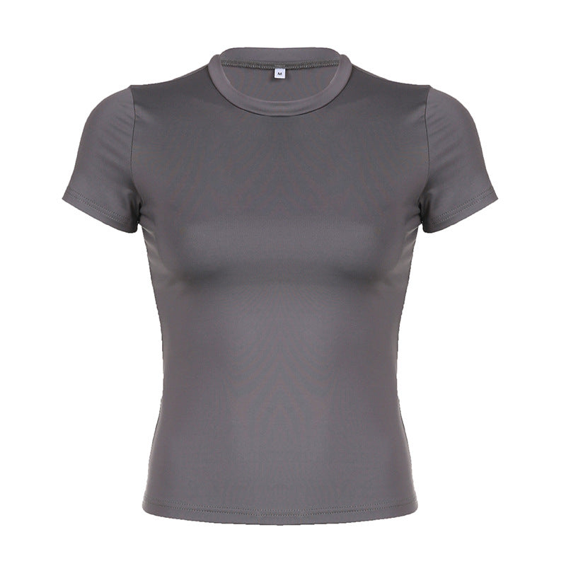 Camiseta informal de manga corta con cuello redondo y color liso para mujer