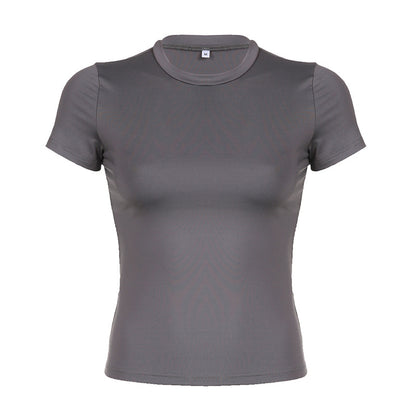 Camiseta informal de manga corta con cuello redondo y color liso para mujer