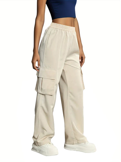 Women Casual Solid Color High Waist Pocket Pants
