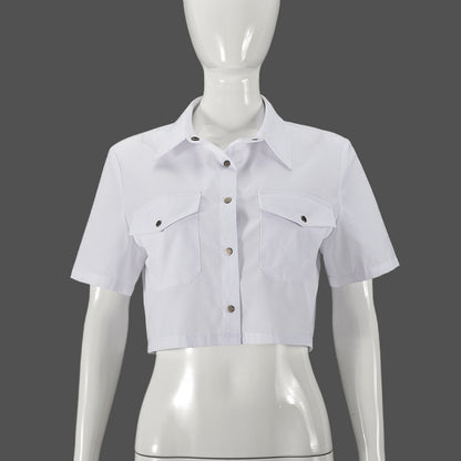 Camisa corta informal de manga corta con bolsillo de solapa para mujer