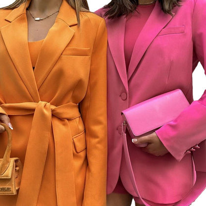Conjunto de dos piezas de chaqueta y falda de manga larga holgada informal para mujer