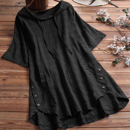 Blusa holgada con capucha y cuello redondo de manga corta para mujer, informal, de verano, talla grande