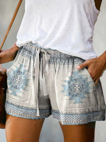 Pantalones cortos holgados con cordones y cintura alta con estampado digital informal a la moda para mujer