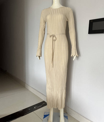 Autumn Winter Women Fashion Casual Crewneck Pit Strip Knitted Dress