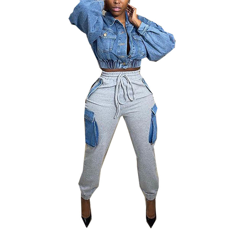 Women Fashion Casual Imitation Denim Large Pocket High Waist Cargo Pants