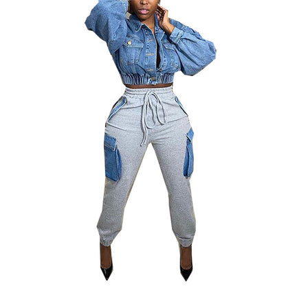 Women Fashion Casual Imitation Denim Large Pocket High Waist Cargo Pants