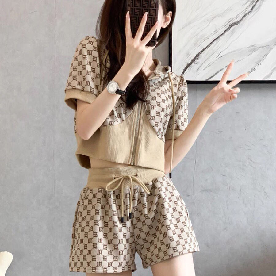 Conjunto de dos piezas informal de verano para mujer, con capucha, manga corta, cremallera, pantalones cortos de pierna ancha