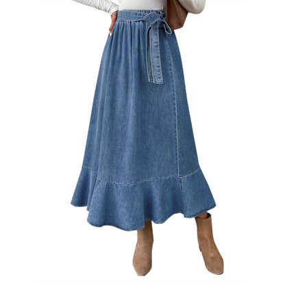 Women Fashion Casual Ruffled Pleated Denim Skirt