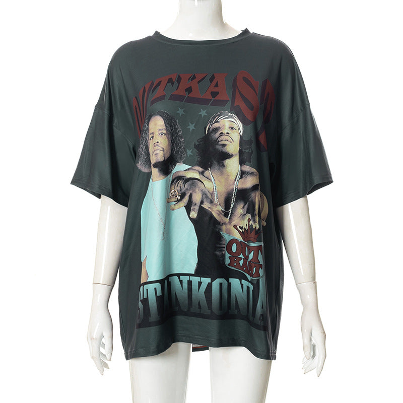 Camiseta informal de verano para mujer, de manga corta, con estampado gráfico y cuello redondo, holgada