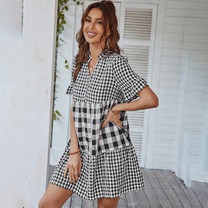 Vestido mini de verano para mujer, elegante, holgado, con volantes y cuello en V, manga corta, informal, con bloques de color