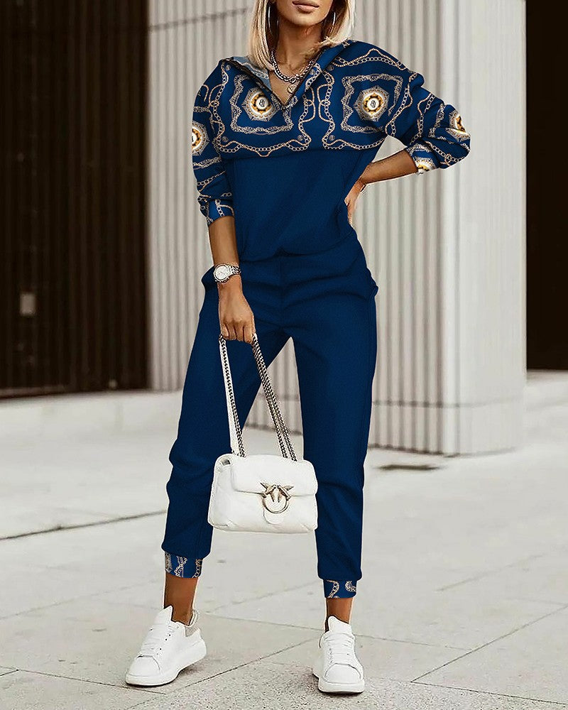 Conjunto informal de top y pantalón de manga larga con estampado geométrico colorido para mujer
