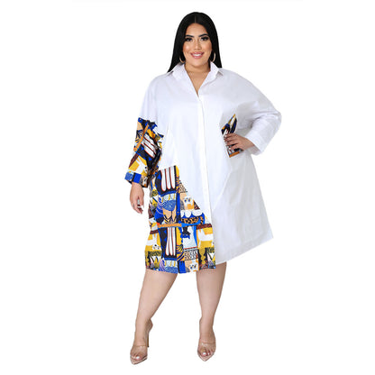 Plus Size Women Casual Elegant Color Blocking Patchwork Single-breasted Long Sleeves Office Shirt Dress