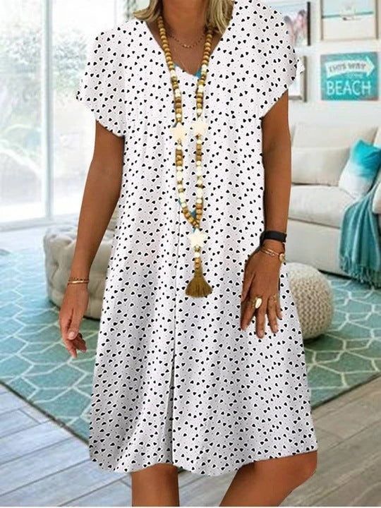 Women Fashion Casual V-Neck Dot Heart Print Dress
