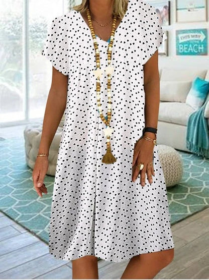 Women Fashion Casual V-Neck Dot Heart Print Dress