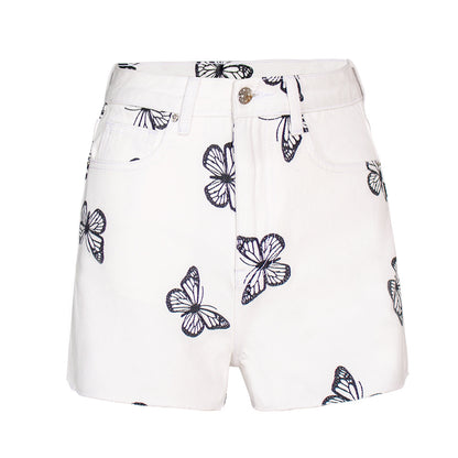 Women Fashion Casual Butterfly Printing High Waist Denim Shorts