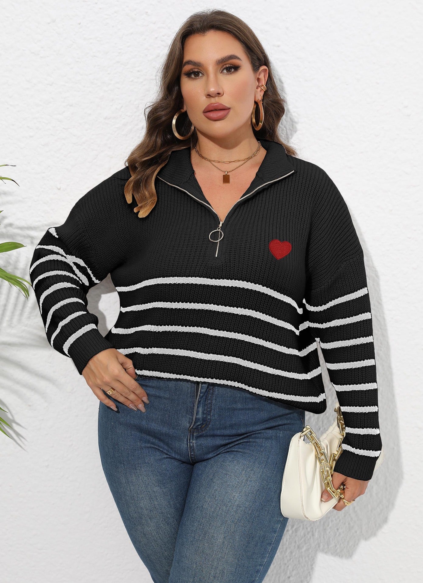 Suéter de punto informal para mujer, talla grande, invierno, otoño, a rayas, media cremallera y solapa