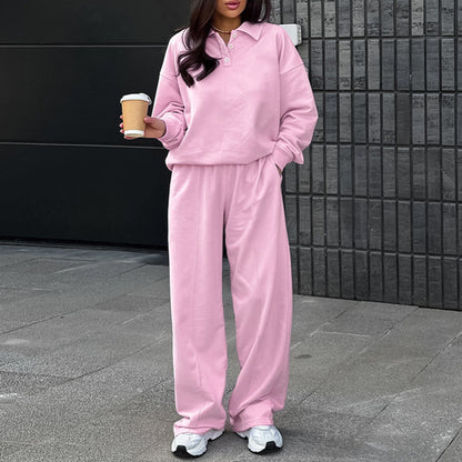 Conjunto informal de dos piezas con forro polar de color liso para mujer