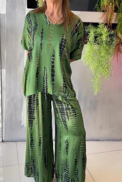 Conjunto de dos piezas de verano para mujer, informal, estampado, cuello redondo, manga corta, pantalones anchos y parte superior