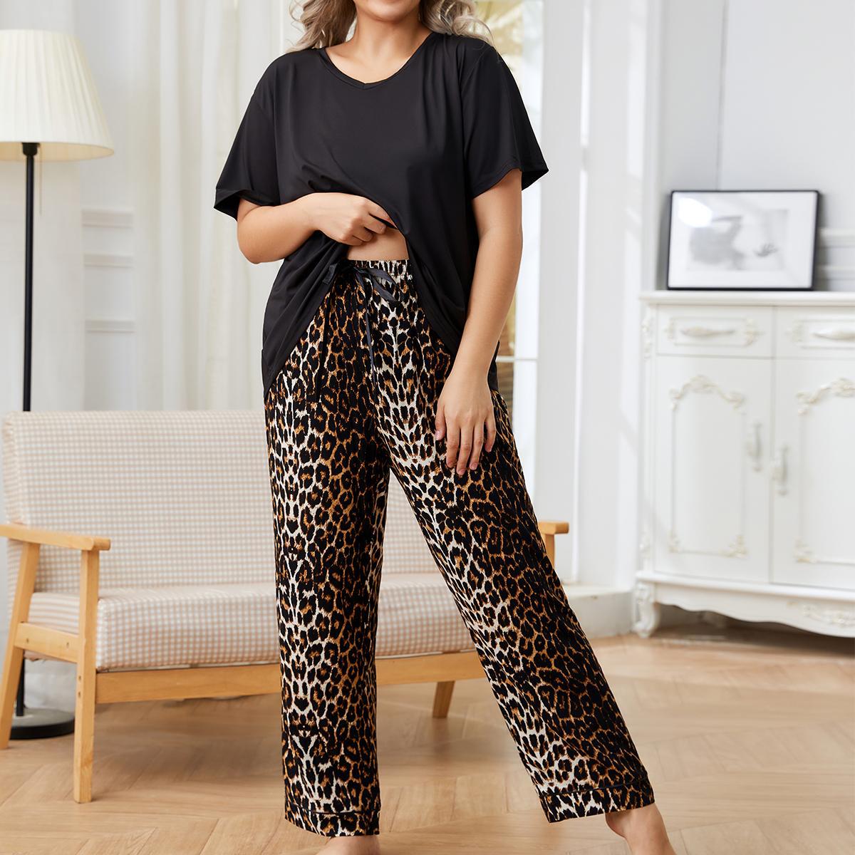 Conjunto de pijama informal de leopardo de talla grande para mujer