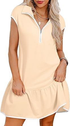 Women Fashion Casual Color Block Short Sleeve Zipper Dress