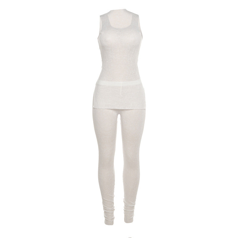 Conjunto informal de camiseta sin mangas con abertura y pantalones ajustados transparentes para mujer