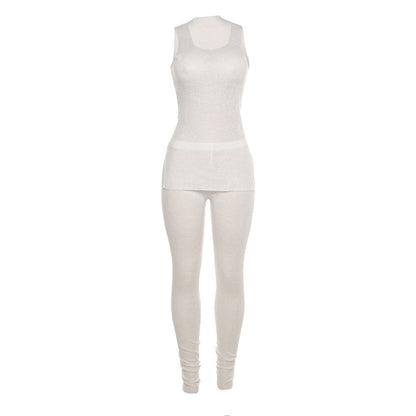 Conjunto informal de camiseta sin mangas con abertura y pantalones ajustados transparentes para mujer
