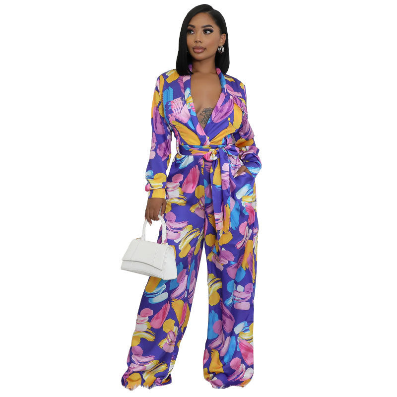 Women High Waist Elegant Casual Wide Leg Fashion Long Sleeve Floral Jumpsuits