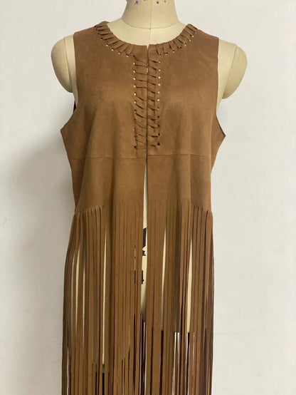 Women Fashion Casual Solid Color Suede Sleeveless Long Tassels Vest