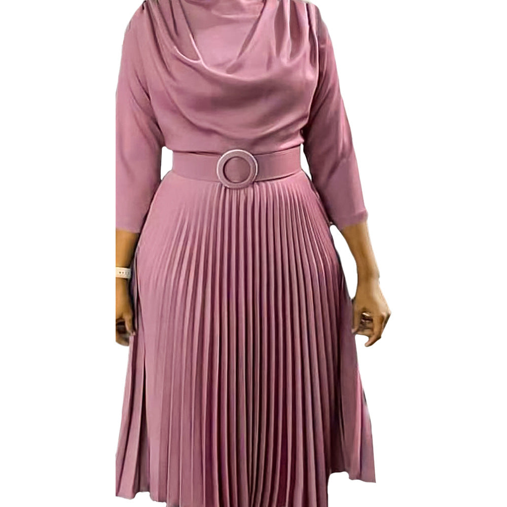 Vestido informal de manga larga plisado de color liso para mujer, talla grande