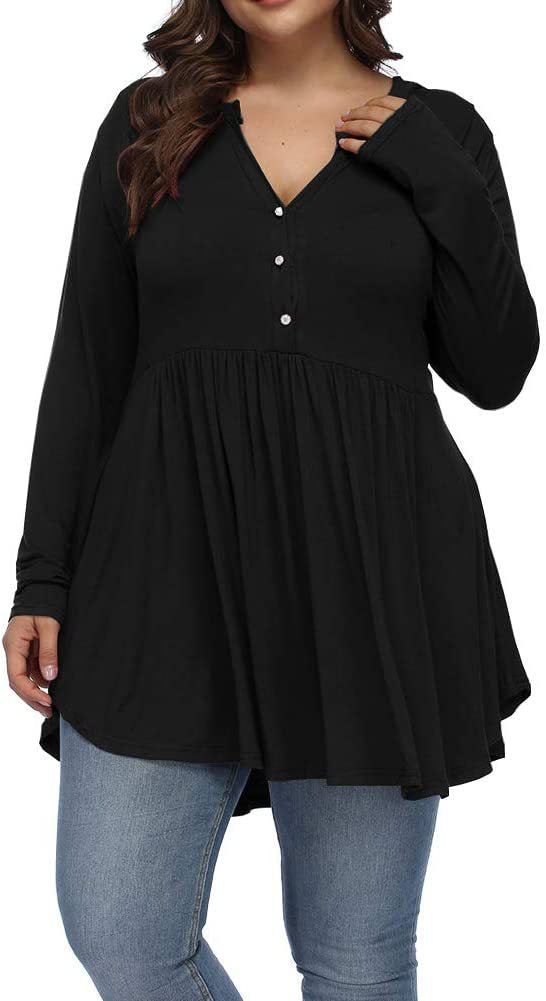 Camiseta informal de manga larga plisada con botones y escote en V de color liso para mujer, talla grande