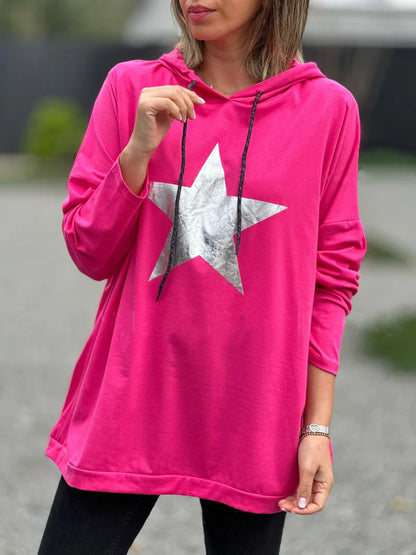 Sudadera con capucha de manga larga con estampado de estrellas para mujer, informal y holgada
