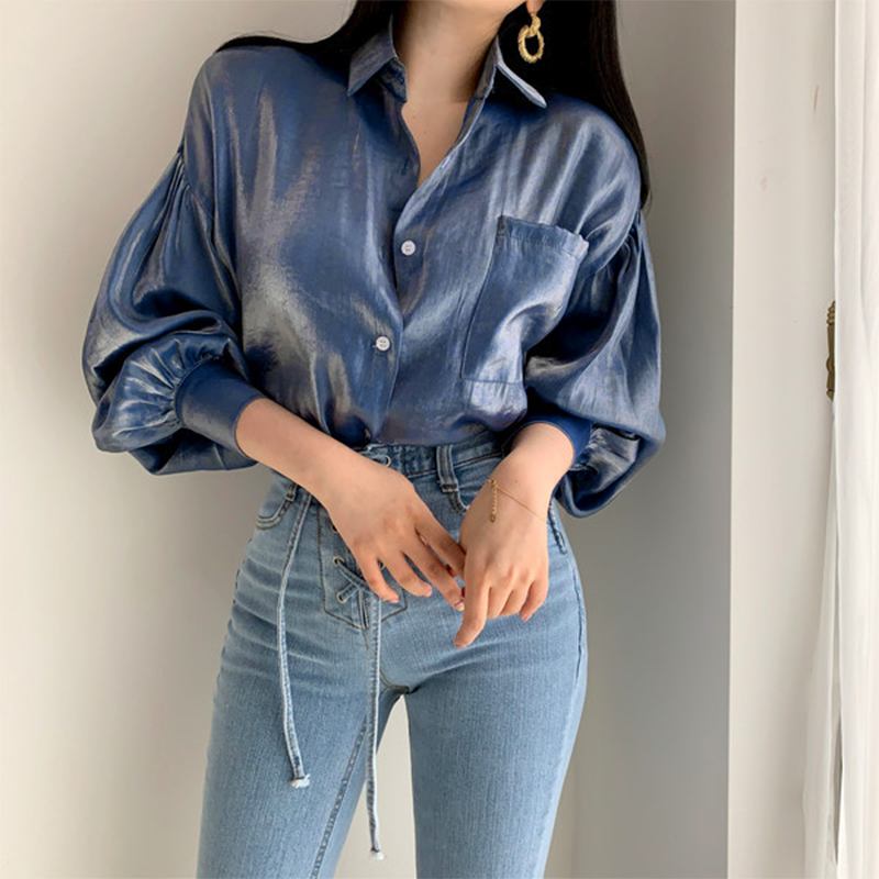Blusa informal de manga larga abullonada con solapa elegante de color liso a la moda para mujer